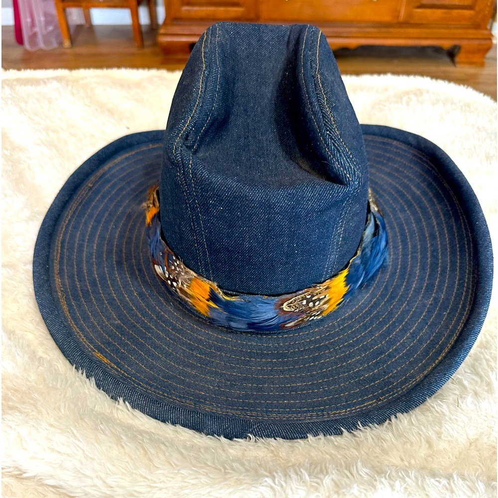 Denim Wide-Brim Hat with Feather Band - Blue